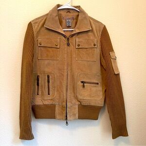 Lucidity Camel Leather Bomber Jacket With Wool Blend Sleeves And Waist Zip Front